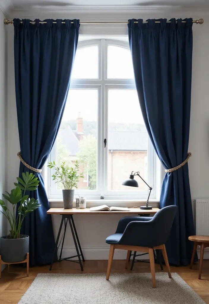 18 Dark Blue Office Ideas That Feel Sophisticated - 4. Navy Curtains for Elegance 1