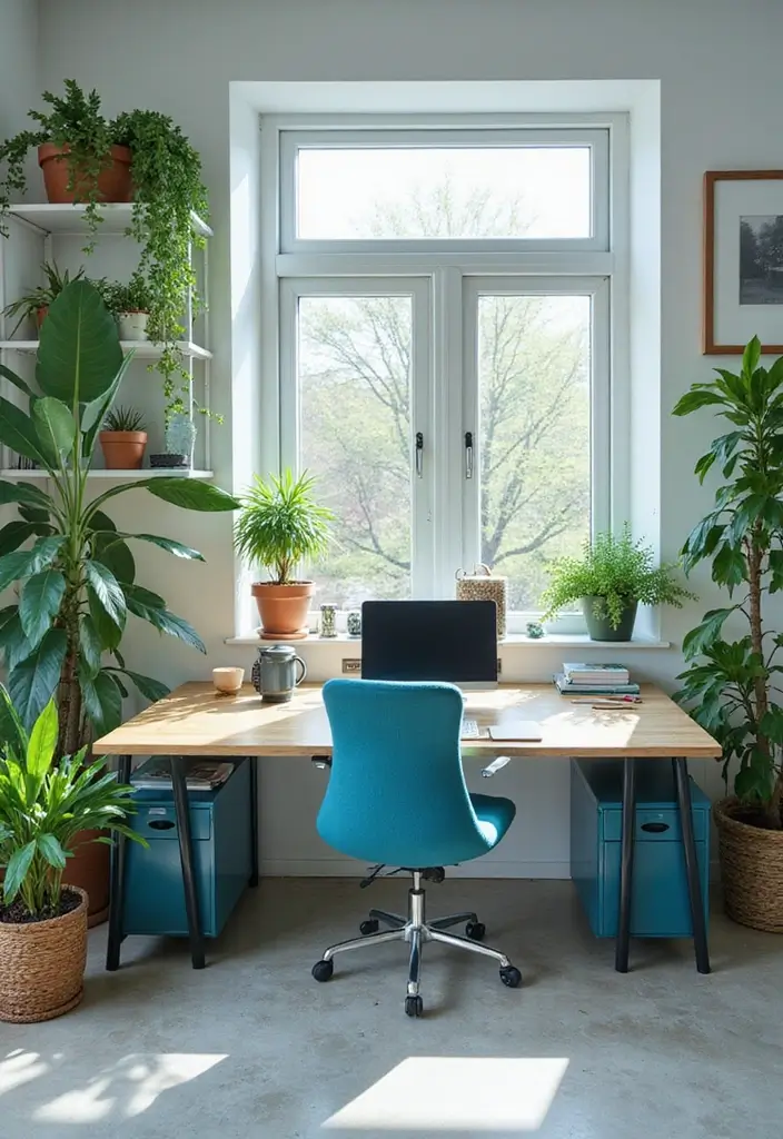 18 Dark Blue Office Ideas That Feel Sophisticated - 7. Deep Blue Desk Plants 1