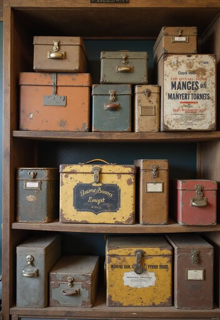 18 Vintage Office Decor Ideas That Feel Timeless - 13. Vintage Storage Boxes 1