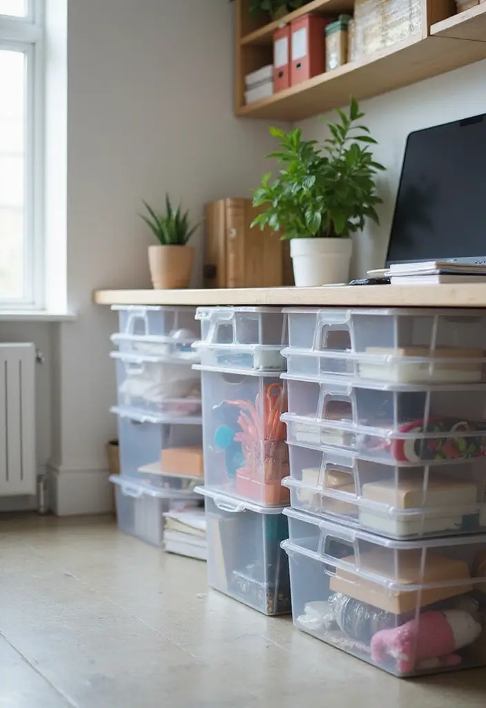 25 Office Desk Organization Ideas That Reduce Clutter - 17. Use Clear Storage Bins 1