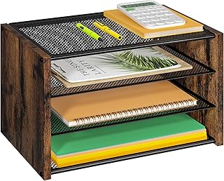 3-Tier Paper Letter Tray, Wooden Desk File Organizer, Stackable Metal Me...