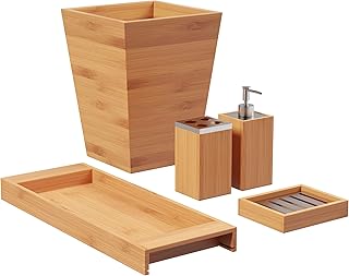 5-Piece Bathroom Decor Set - Bamboo Vanity Accessories with Trash Bin, S...
