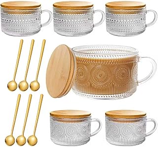 6 PACK Vintage Glass Coffee Mugs 14oz Clear Embossed Tea Cup Set with Ba...