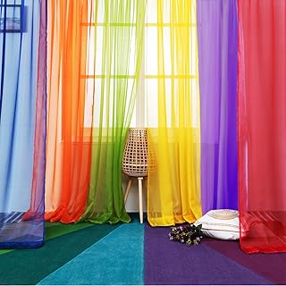 6 Piece Rainbow Sheer Window Panel Colorful Backdrop Bright Curtains Set...