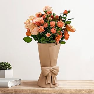 Beige Ceramic Bow Vase 9.64 in Unique Cute Modern Decorative Bouquet Flo...