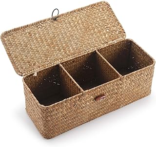 DECRAFTS Seagrass Storage Basket with Lid Rectangular Small Woven Shelf ...