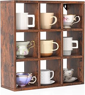 Helsin 9 Grid Vintage Coffee Mug Display Rack, 16inch Wall Mounted Woode...