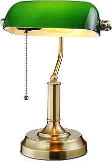 TORCHSTAR Green Glass Bankers Desk Lamp, Antique Desk Lamps with Brass B...