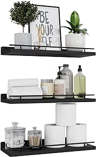 WOPITUES Floating Shelves with Black Metal Guardrail, Shelves for Wall D...