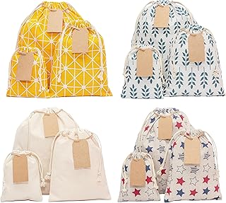 12 PCS Reusable gift bags with drawstring + 15 gift tags | Fabric gift b...