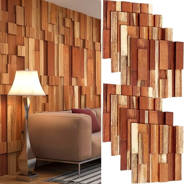 Kathfly 8 Pcs Reclaimed Teak Wood 3D Wall Panels, Mosaic 3D Pattern Tile...