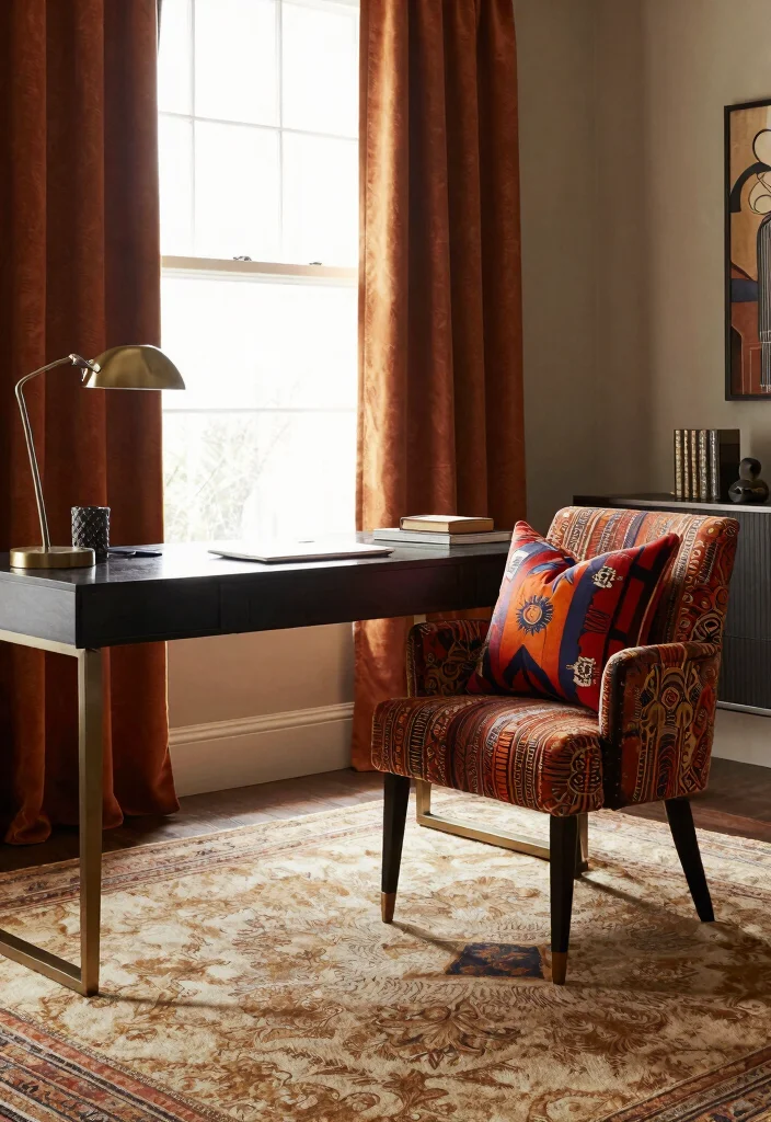 28 Art Deco Home Office Ideas Glamorous and Bold Workspace - 18. Layered Textiles 1