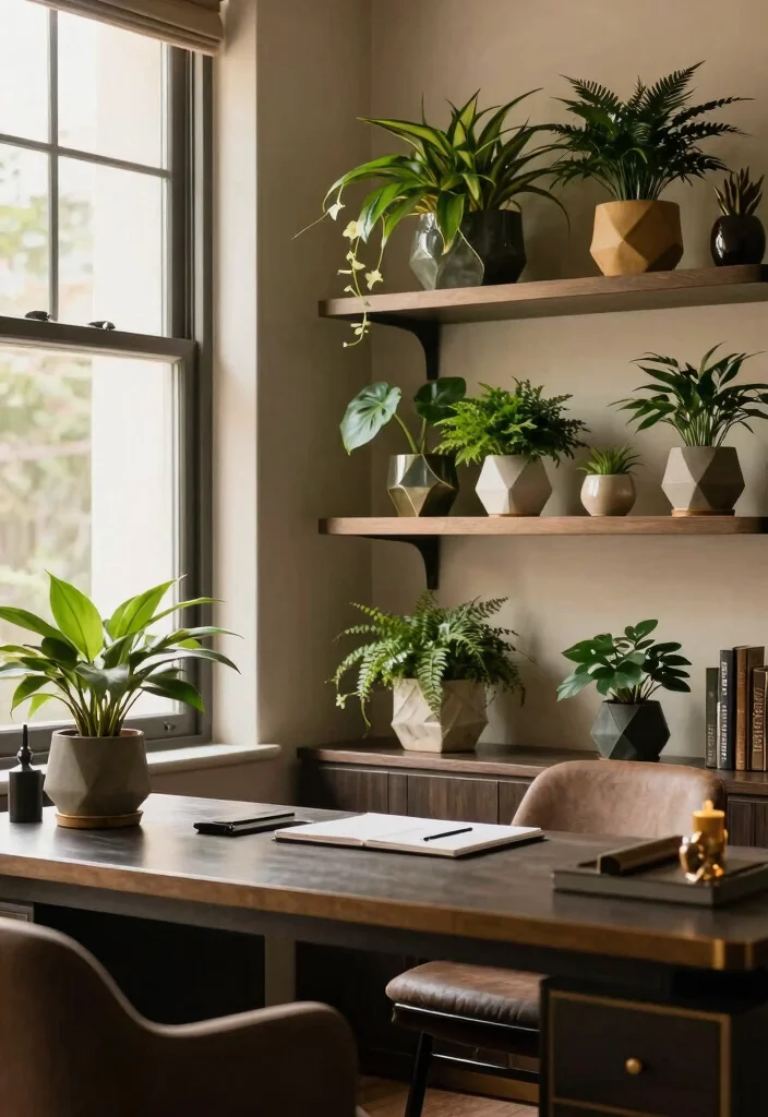 28 Art Deco Home Office Ideas Glamorous and Bold Workspace - 20. Elegant Greenery 1