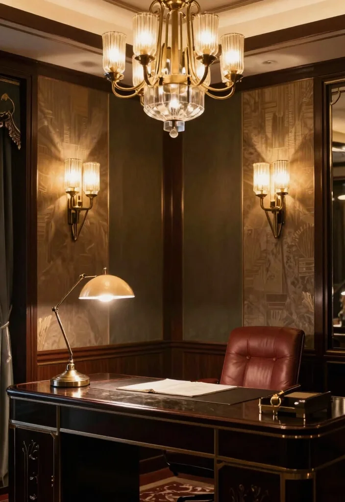 28 Art Deco Home Office Ideas Glamorous and Bold Workspace - 25. Layered Lighting Designs 1
