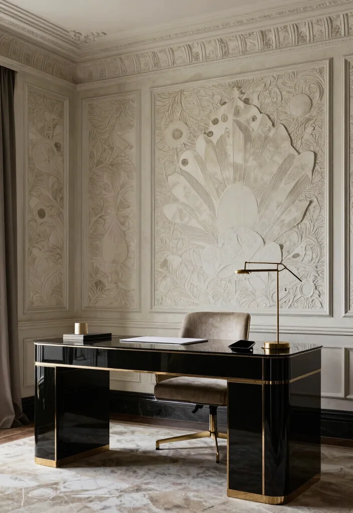 28 Art Deco Home Office Ideas Glamorous and Bold Workspace - 26. Luxurious Textured Walls 1