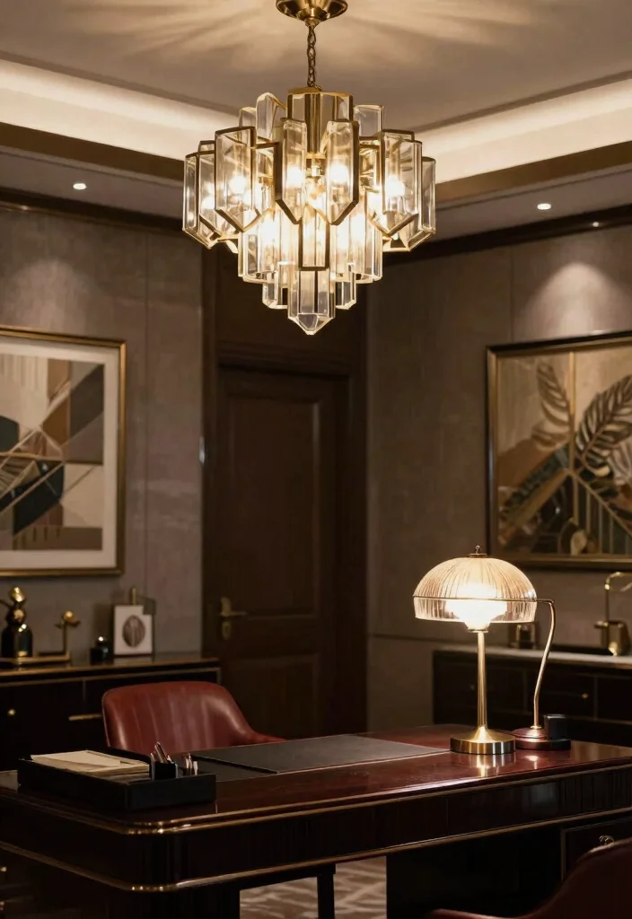 28 Art Deco Home Office Ideas Glamorous and Bold Workspace - 6. Elegant Lighting Fixtures 1