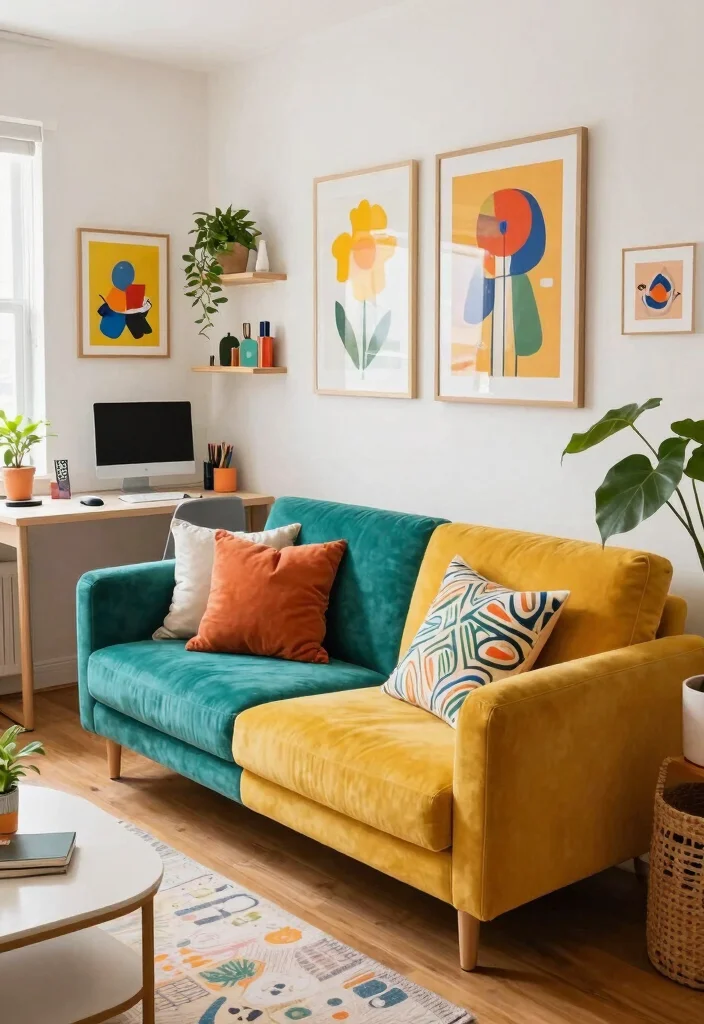 28 Cozy Home Office with Couch Ideas Work in Comfort - 15. Colorful and Funky 1