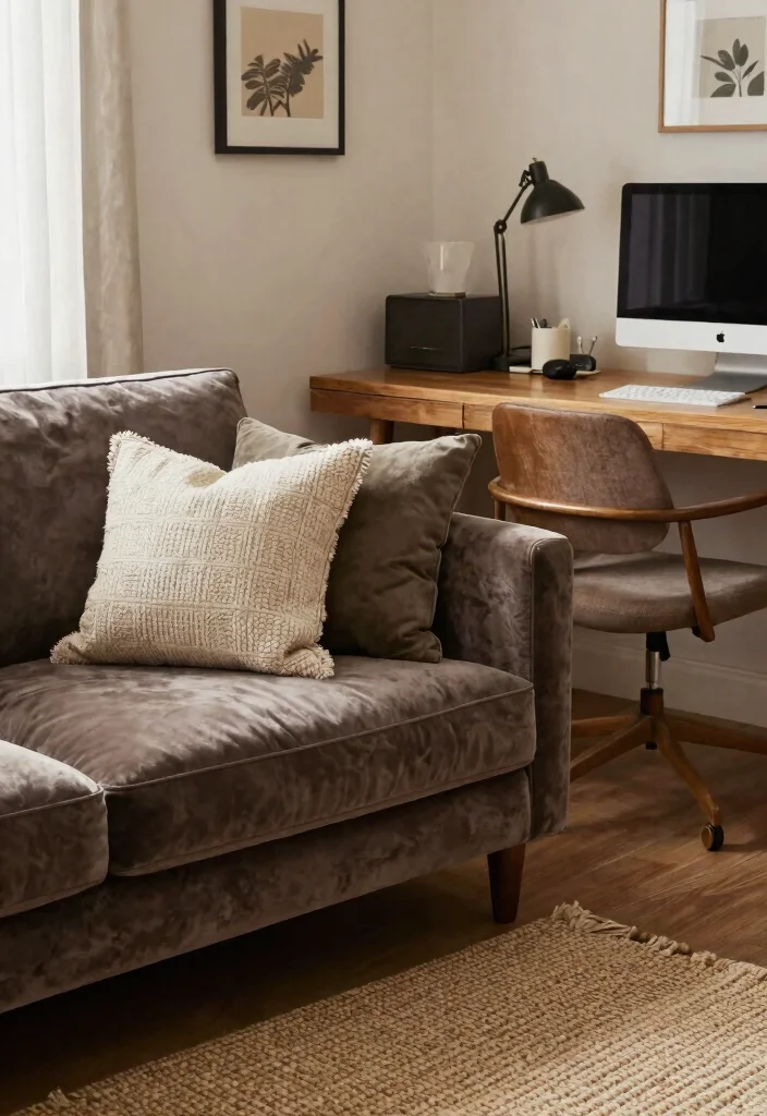 28 Cozy Home Office with Couch Ideas Work in Comfort - 25. Layered Textures in Decor 1