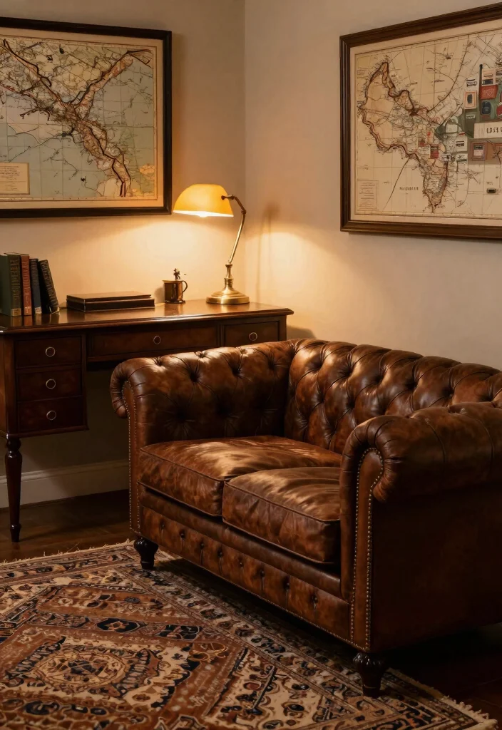 28 Cozy Home Office with Couch Ideas Work in Comfort - 3. Vintage Vibes with a Chesterfield 1