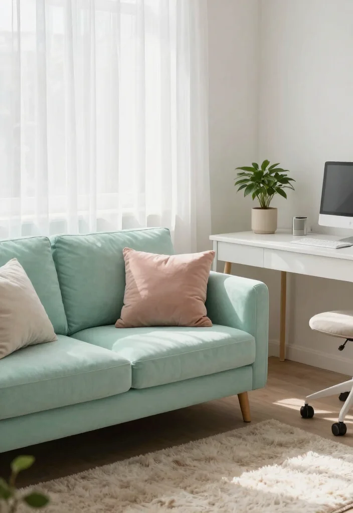 28 Cozy Home Office with Couch Ideas Work in Comfort - 5. Soft Pastel Comfort 1