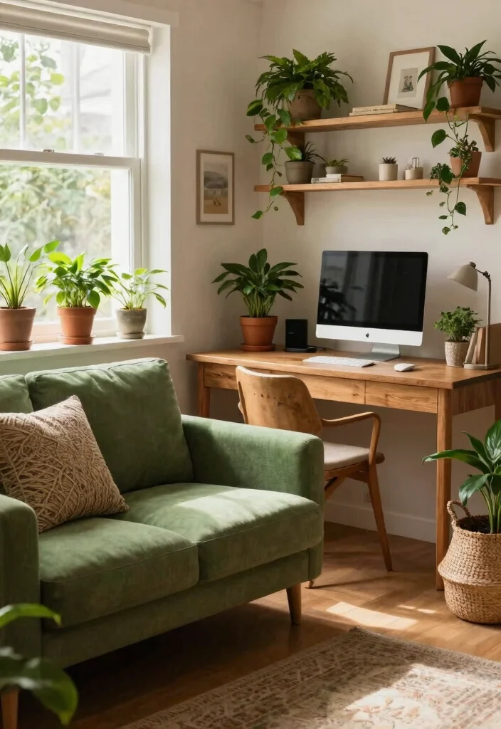 28 Cozy Home Office with Couch Ideas Work in Comfort - 7. Nature-Inspired Workspace 1