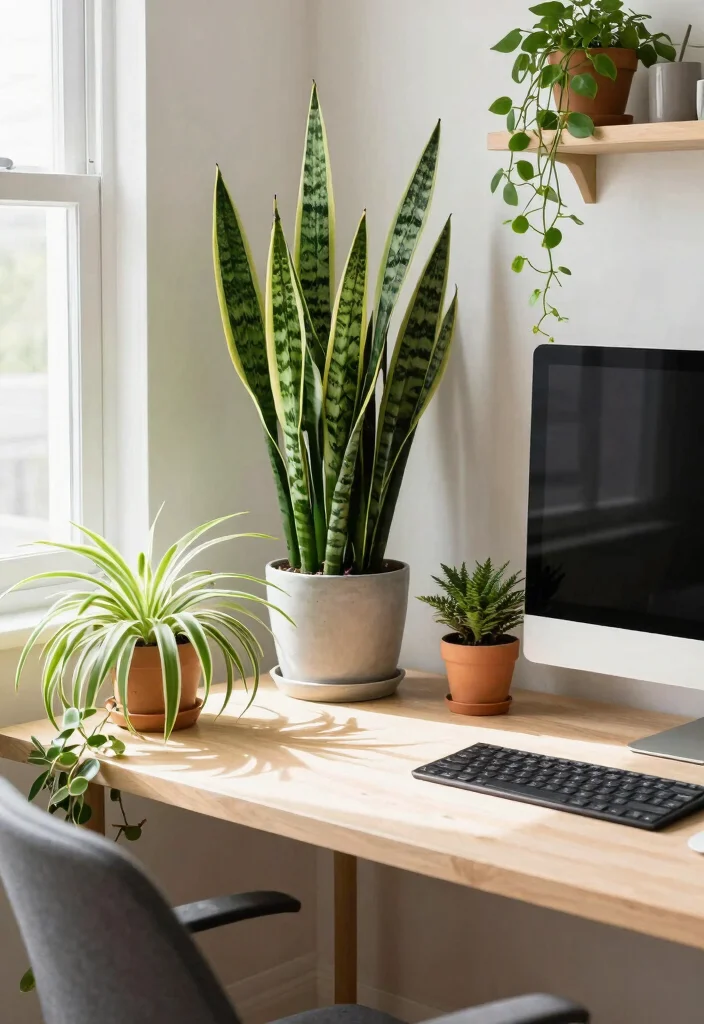 28 Green Home Office Ideas Fresh and Inspiring Workspace - 25. Smart Plant Choices for Productivity 1