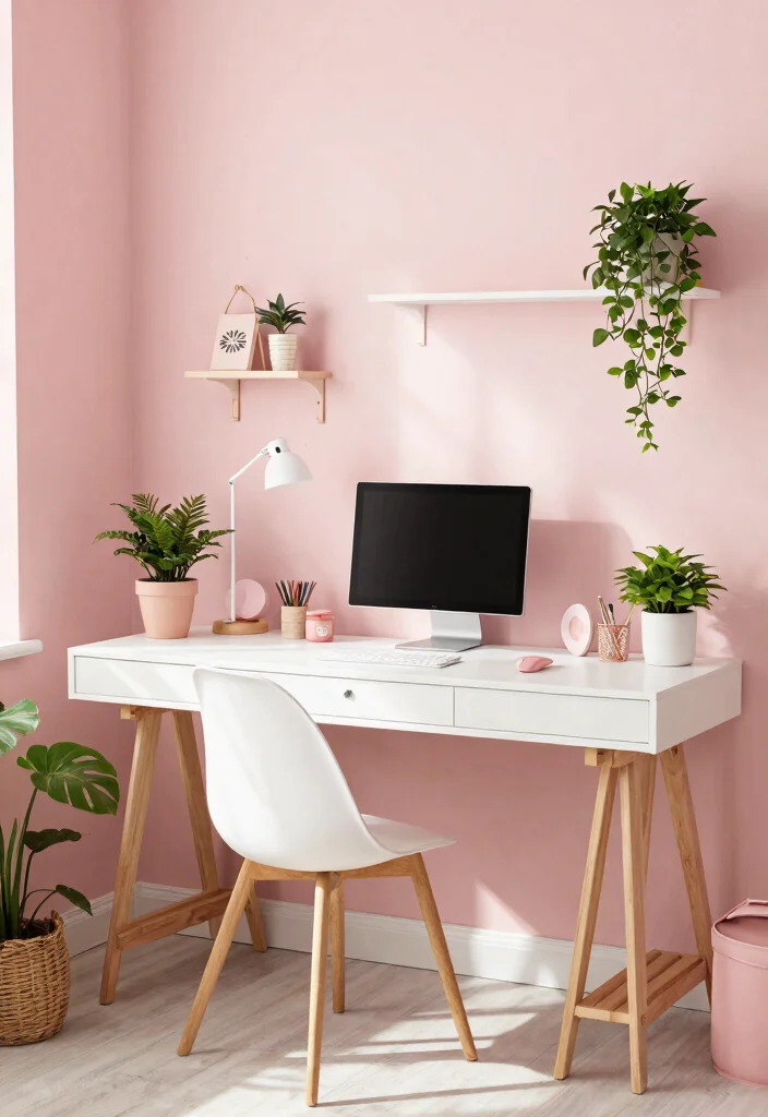 28 Home Office Color Scheme Ideas: Find Your Perfect Tone - 13. Soft Pink 1