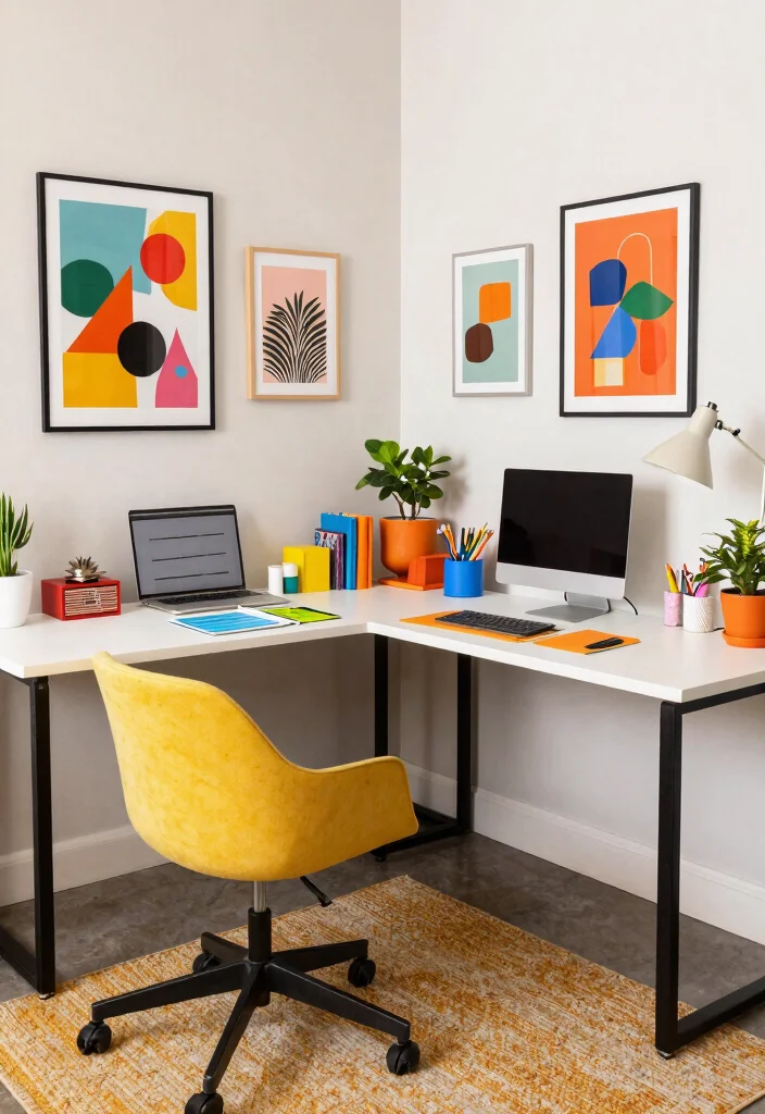28 L Shape Desk Office Layout Ideas for Small Spaces - 13. Colorful Accents 1