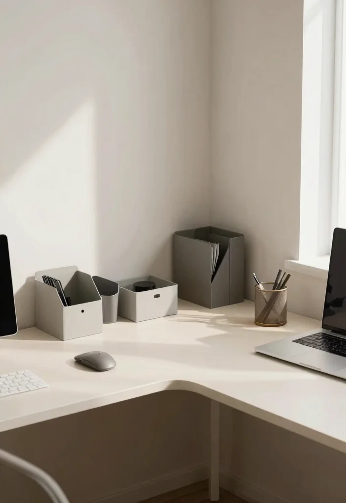 28 L Shape Desk Office Layout Ideas for Small Spaces - 17. Minimalist Office Supplies 1