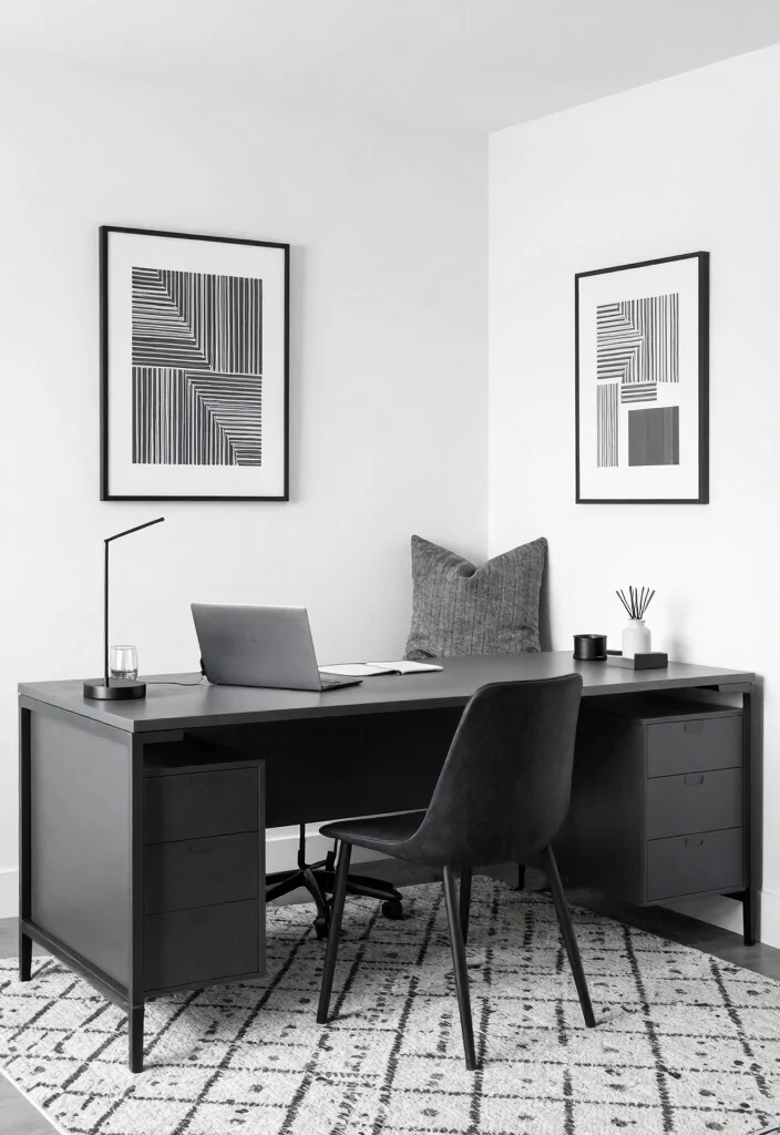 28 L Shape Desk Office Layout Ideas for Small Spaces - 18. Monochrome with a Twist 1