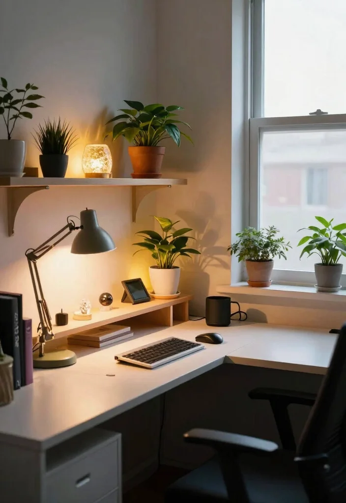 28 L Shape Desk Office Layout Ideas for Small Spaces - 23. Layered Lighting 1