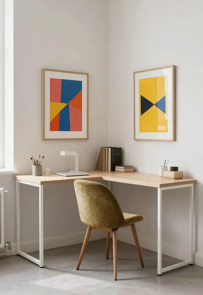 28 L Shape Desk Office Layout Ideas for Small Spaces - 25. Minimalist Color Pop 1