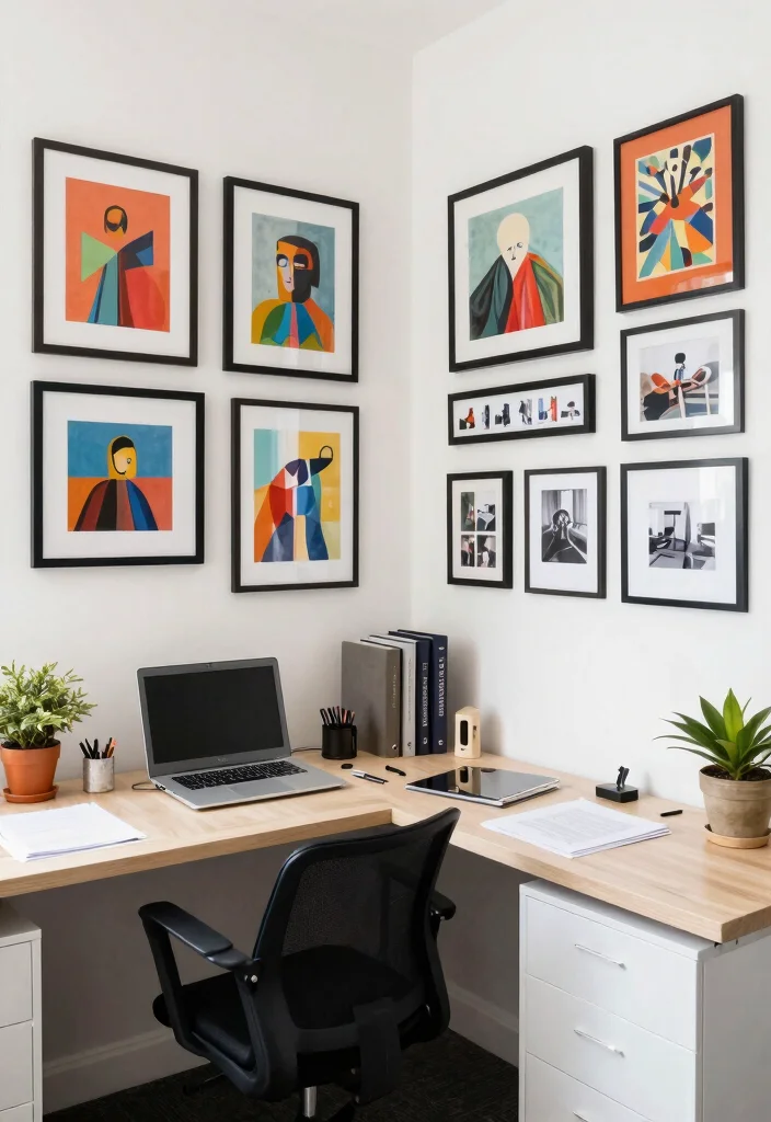 28 L Shape Desk Office Layout Ideas for Small Spaces - 27. Artistic Wall Displays 1