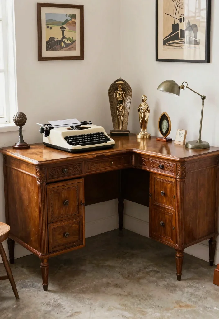 28 L Shape Office Table Design Ideas for Any Room - 11. Vintage Finds 1