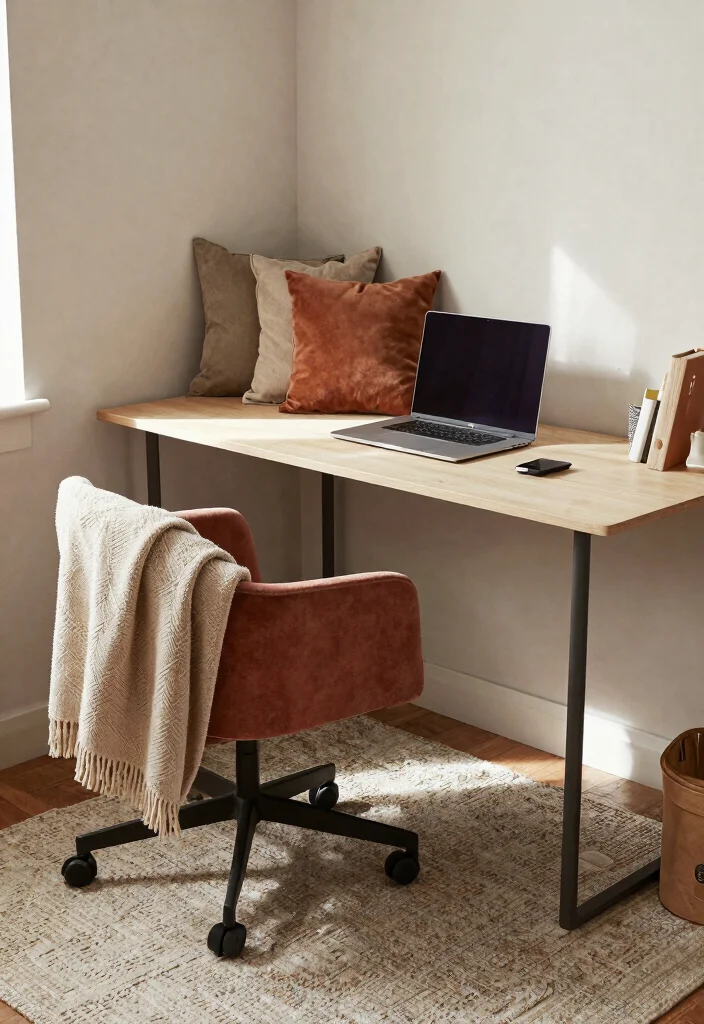 28 L Shape Office Table Design Ideas for Any Room - 12. Soft Textiles and Accessories 1