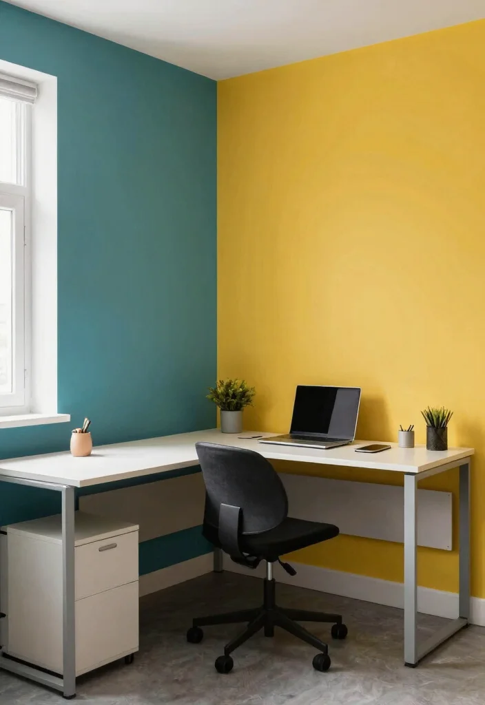28 L Shape Office Table Design Ideas for Any Room - 15. Colorful Accent Walls 1