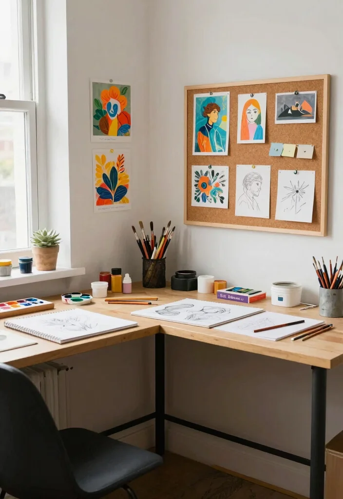 28 L Shape Office Table Design Ideas for Any Room - 19. Artistic Workspace 1