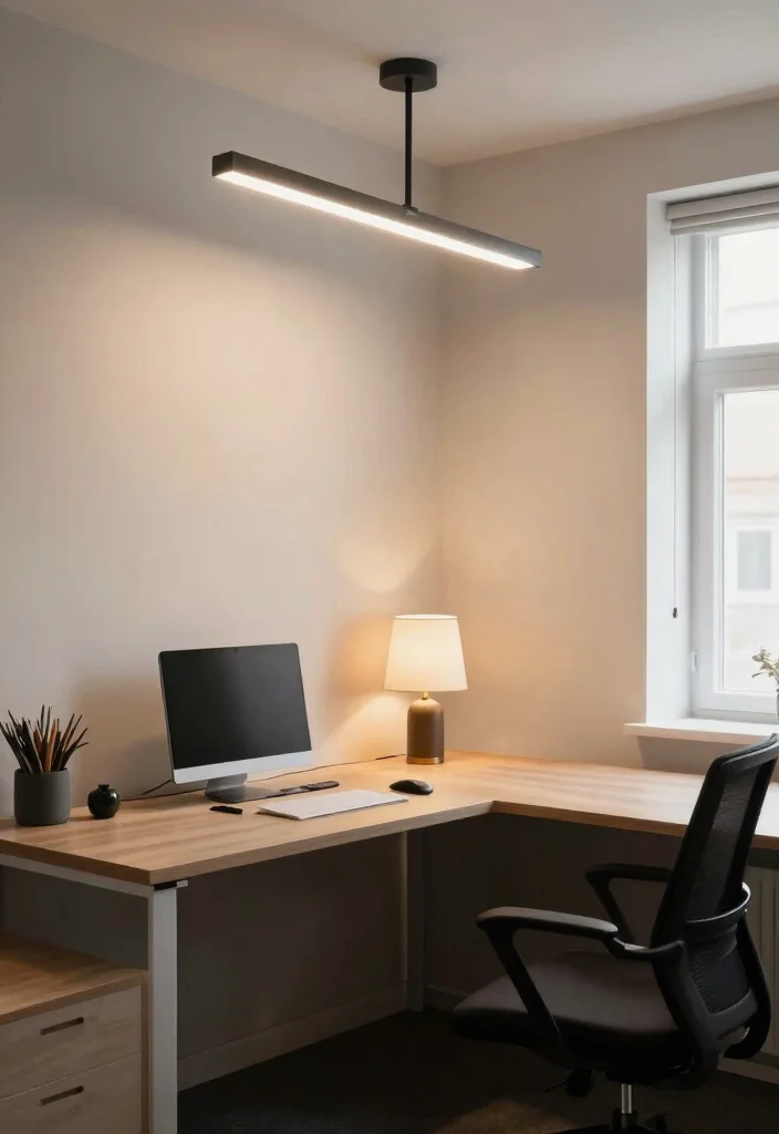 28 L Shape Office Table Design Ideas for Any Room - 22. Statement Lighting 1
