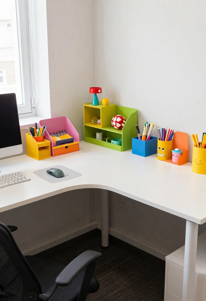 28 L Shape Office Table Design Ideas for Any Room - 25. Colorful Office Supplies 1