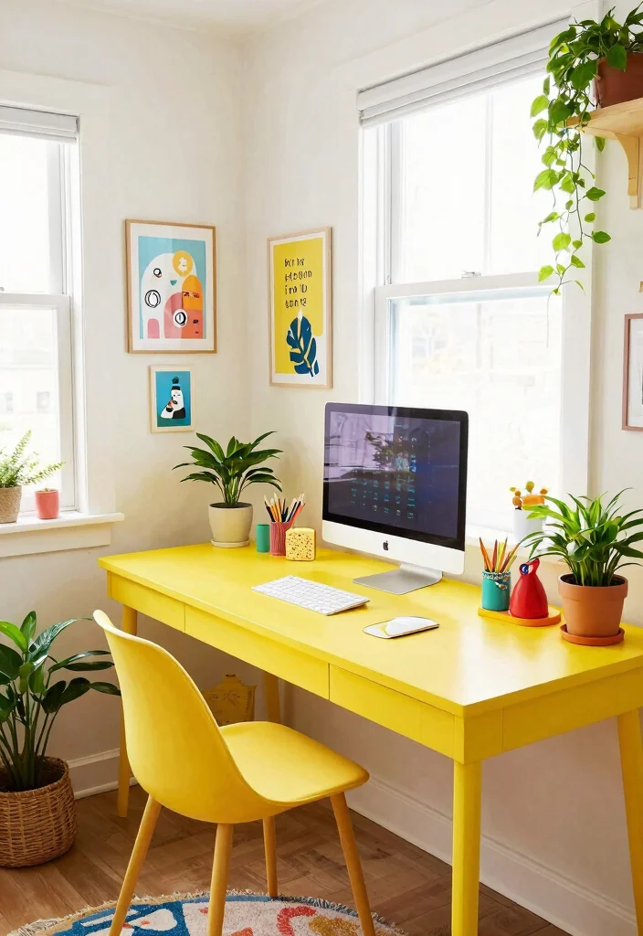 28 Long Desk Home Office Ideas Spacious and Stylish - 10. Bright and Cheerful Workspace 1