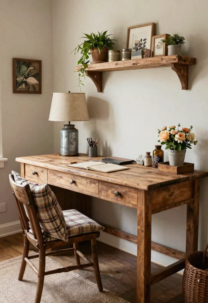 28 Long Desk Home Office Ideas Spacious and Stylish - 12. Rustic Farmhouse Charm 1