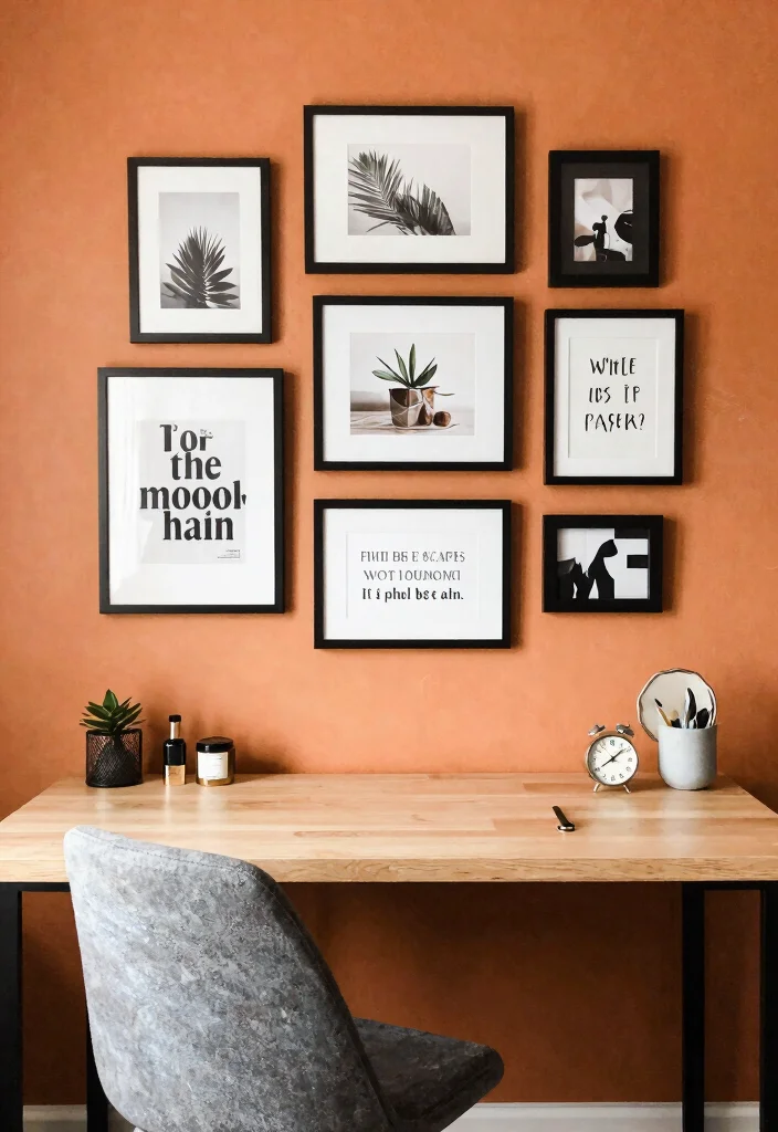 28 Long Desk Home Office Ideas Spacious and Stylish - 13. Personalized Gallery Wall Workspace 1
