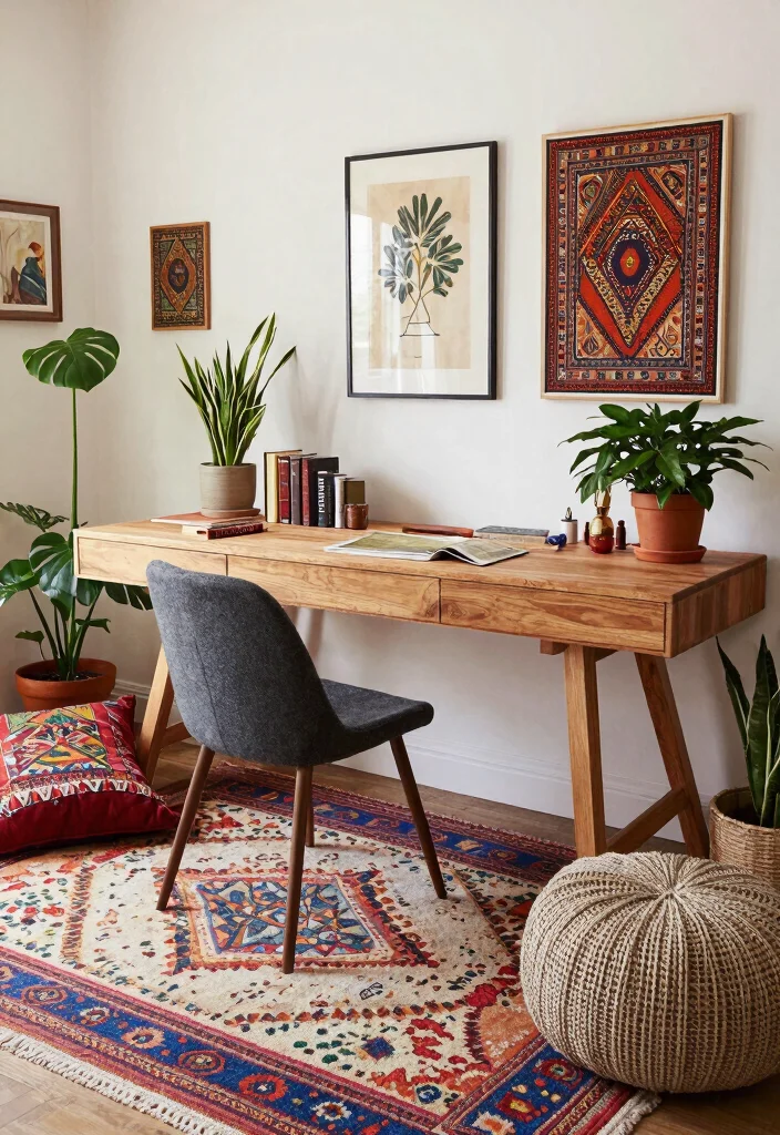 28 Long Desk Home Office Ideas Spacious and Stylish - 14. Global Inspiration with Bohemian Flair 1