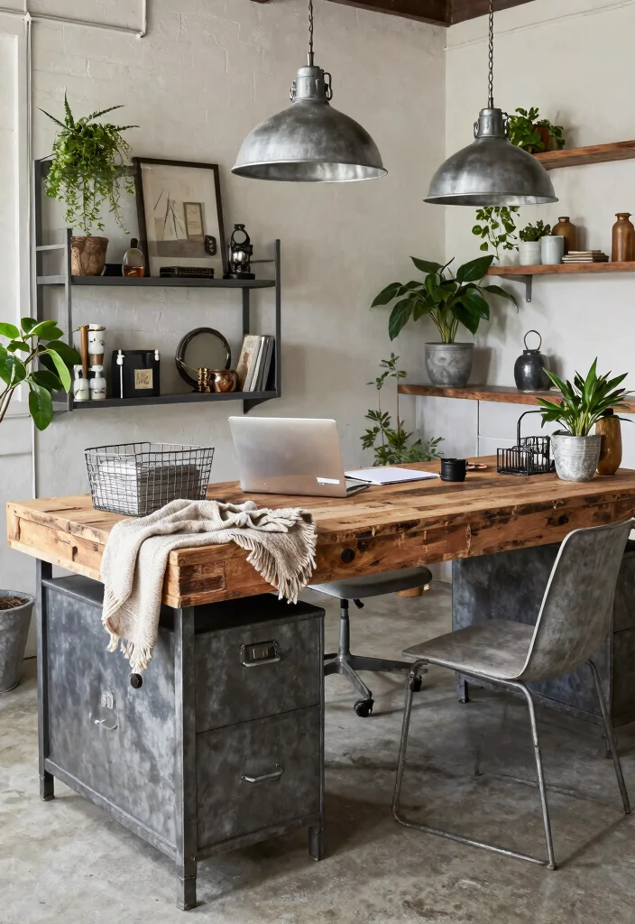 28 Long Desk Home Office Ideas Spacious and Stylish - 20. Industrial Farmhouse Blend 1