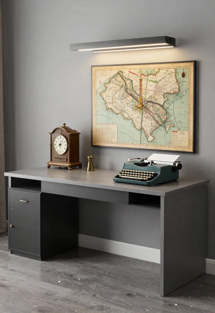 28 Long Desk Home Office Ideas Spacious and Stylish - 22. Vintage Artifacts in a Modern Setup 1