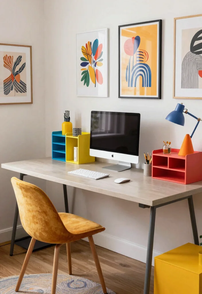 28 Long Desk Home Office Ideas Spacious and Stylish - 26. Vibrant Color Pops for Energy 1