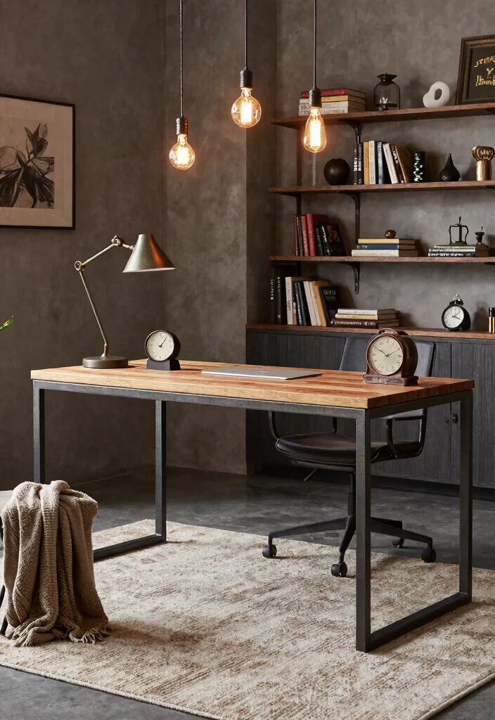 28 Long Desk Home Office Ideas Spacious and Stylish - 3. Industrial Chic Meets Cozy Comfort 1