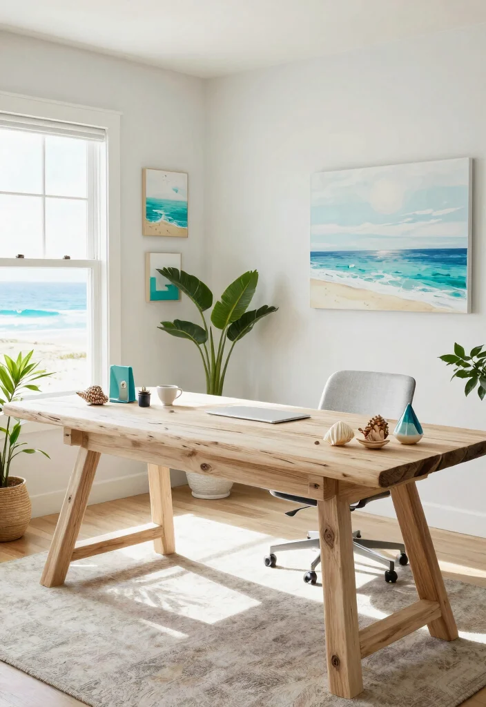28 Long Desk Home Office Ideas Spacious and Stylish - 4. Bright and Airy Coastal Theme 1