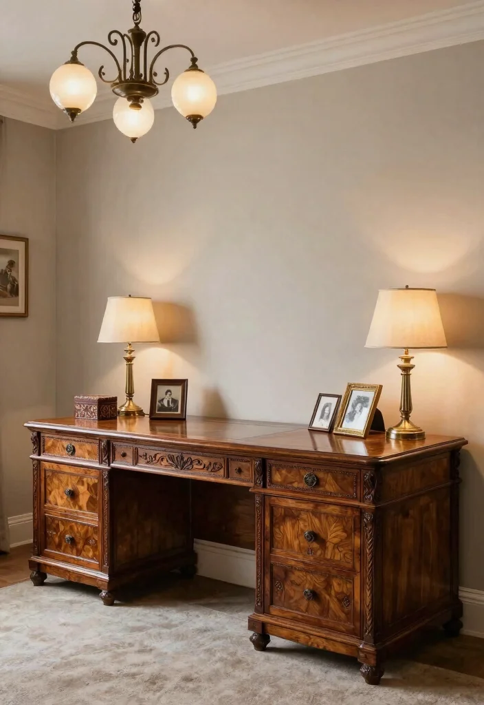 28 Long Desk Home Office Ideas Spacious and Stylish - 5. Elegant Home Office with Vintage Flair 1