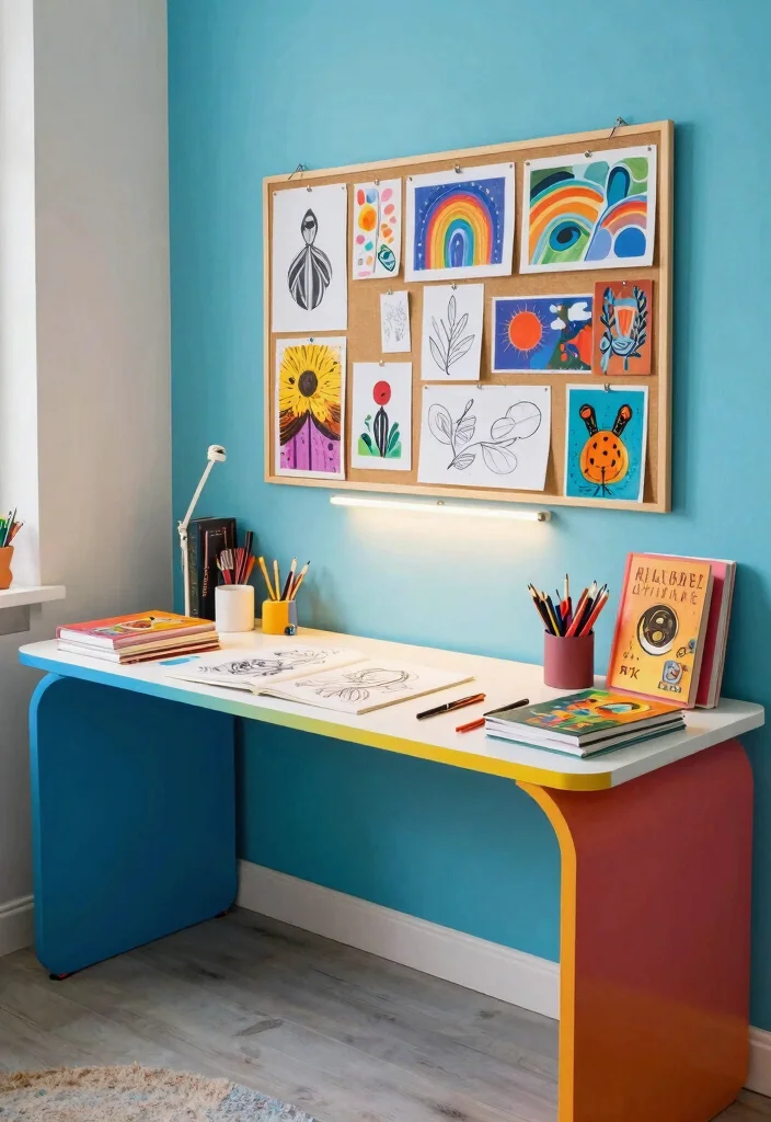 28 Long Desk Home Office Ideas Spacious and Stylish - 7. Creative Corner with Artistic Touch 1
